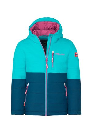 Gepolsterte Kinderjacke mit Kapuze, obere Hälfte türkis, untere Hälfte dunkelblau, pinker Reißverschluss und Futter, norwegisches Flaggenpatch am Ärmel.
