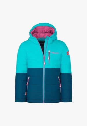Child’s padded jacket with hood, turquoise upper half, dark blue lower half, pink zipper and lining, Norwegian flag patch on sleeve.