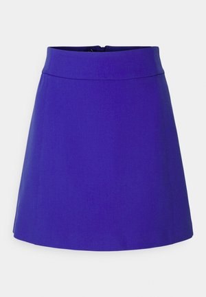 Jupe trapèze bleu roi uni avec une taille haute et une fermeture éclair au dos, présentée sur un fond blanc uni.