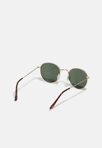 Lunettes de soleil rondes avec verres verts, monture en métal doré et branches à motif écaille de tortue. Plaquettes de nez transparentes pour le confort et un bon maintien.