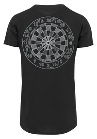 Black cotton t-shirt featuring a circular dartboard graphic on the back with numbered sections and alternating textured patterns.