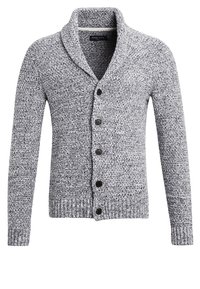 Szary sweter rozpinany z dzianiny z kołnierzem typu szal, z ciemnymi guzikami i ściągaczami przy mankietach. Materiał o fakturze zapewnia przytulny wygląd.