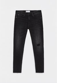 Jeans skinny de denim negro oscuro con detalle desgastado en la rodilla, que cuentan con un diseño clásico de cinco bolsillos y un dobladillo sin terminar.