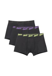 Trei perechi de boxeri negri. Fiecare are o talie elastică în negru, mov sau verde neon cu detalii cu logo. Țesătură netedă, design ajustat.
