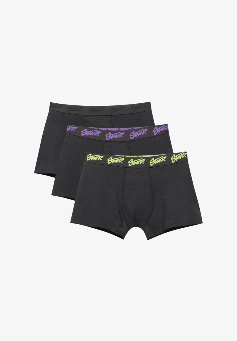 Tre par sorte boxershorts. Hver har en elastisk talje i sort, lilla eller neongrøn med logo-detaljer. Glat stof, tætsiddende design.