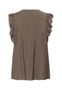 Blouse sans manches marron à épaules volantées et motif texturé vertical subtil, vue de dos.
