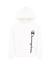 Felpa bianca realizzata in tessuto morbido, con un grande logo nero "Champion" sul lato sinistro, polsini e orlo elasticizzati.