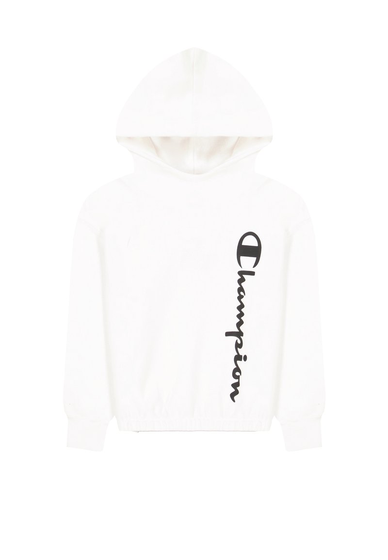 Felpa bianca realizzata in tessuto morbido, con un grande logo nero "Champion" sul lato sinistro, polsini e orlo elasticizzati.