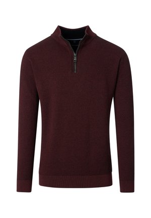 Männer Langarm-Pullover aus burgunderrotem Strick mit einem halben Reißverschluss und strukturiertem Stoffmuster.