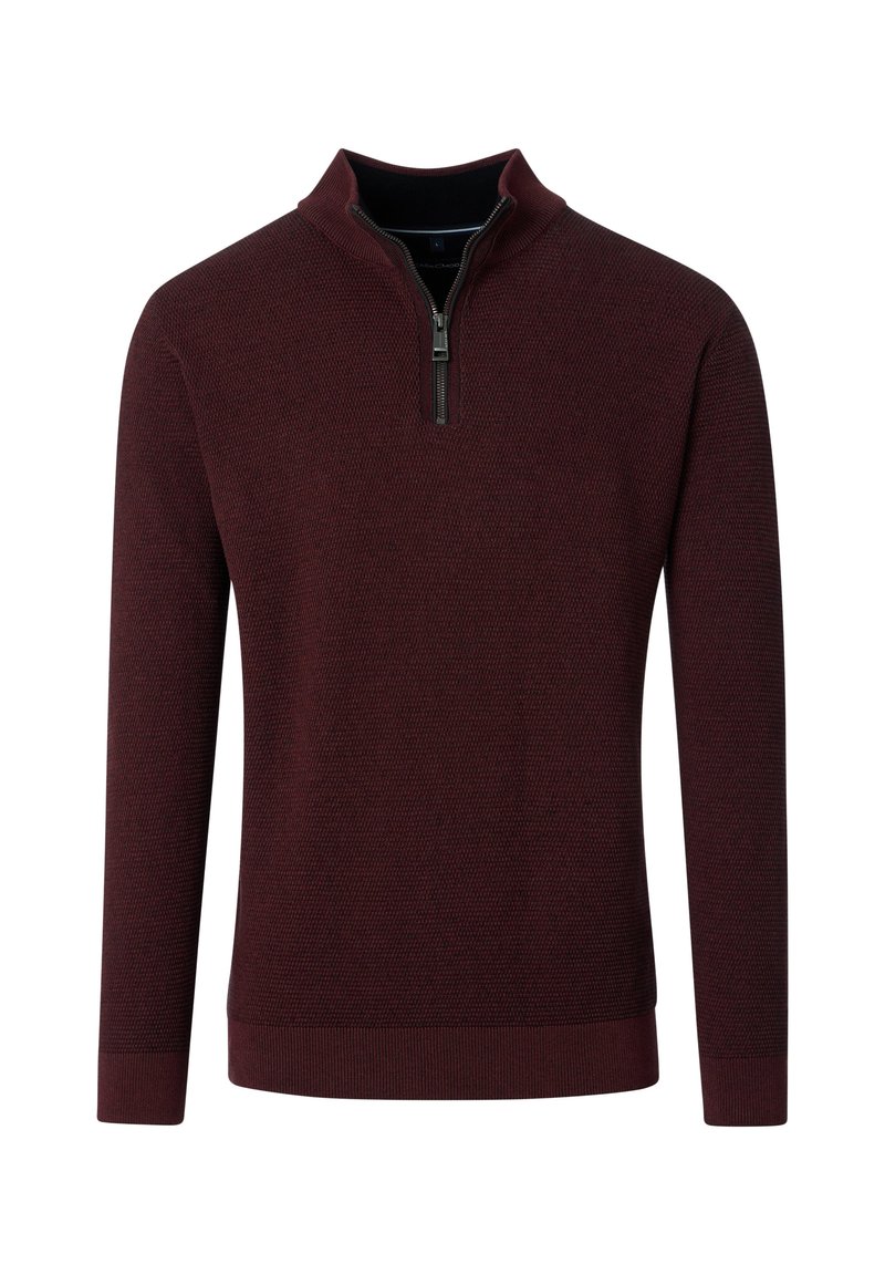 Maglione da uomo a maniche lunghe di colore bordeaux, con colletto a mezza zip e un motivo in tessuto testurizzato.