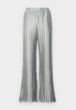 Metallic silver pleated wide-leg pants with an elastic waistband and a flowing design, featuring vertical ribbed texture throughout.