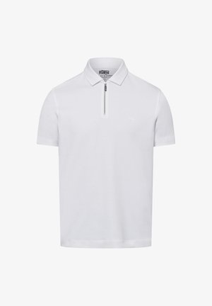 Weißes Polohemd mit kurzen Ärmeln und flachem Kragen, verfügt über einen Reißverschluss am Hals, weichen Stoff und dezente Logodetails auf der Brust.