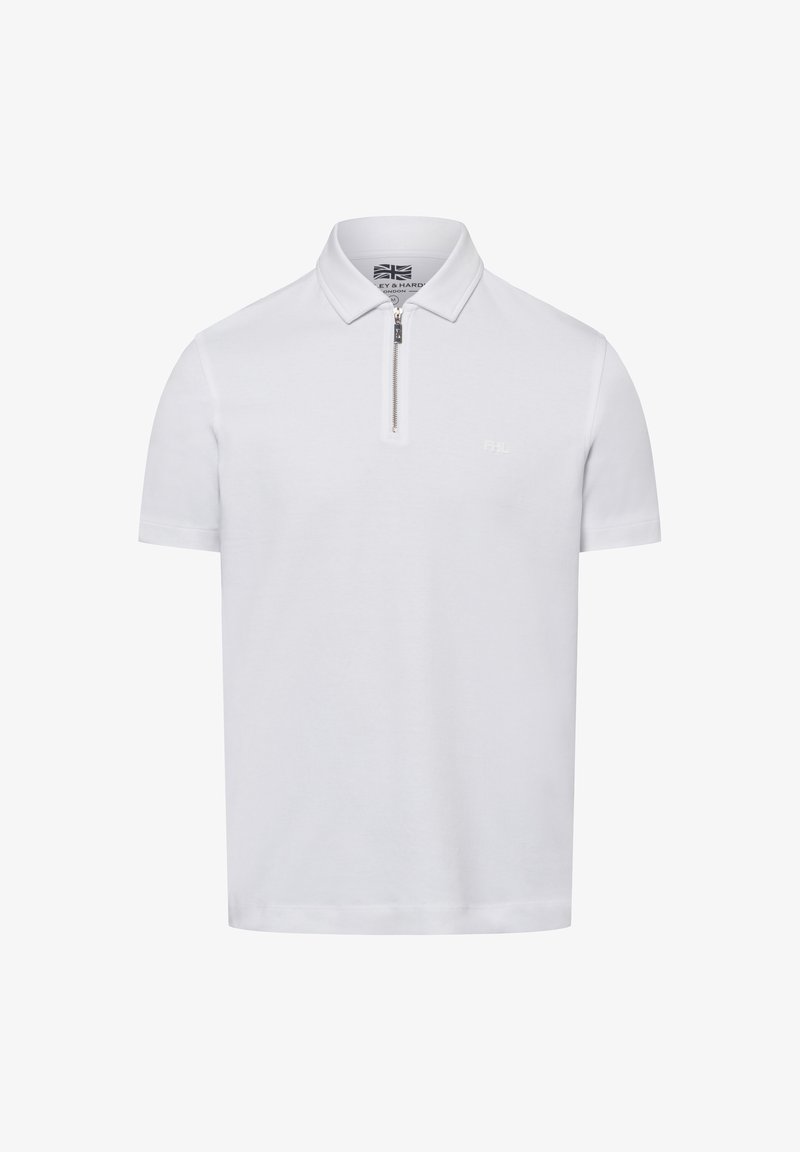 Biała koszulka polo z krótkim rękawem i płaskim kołnierzykiem, z zapięciem na zamek, wykonana z miękkiego materiału, z subtelnym logo na piersi.