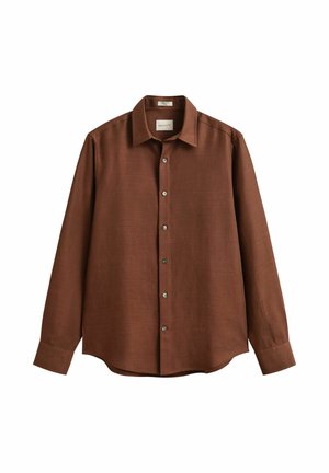 Men's long-sleeve button-up shirt in dark brown with a classic collar and buttoned cuffs, displayed on a white background.
