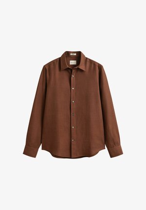 Herrenlangarmhemd mit Knopfleiste in Dunkelbraun, mit klassischem Kragen und geknöpften Manschetten, auf weißem Hintergrund dargestellt.