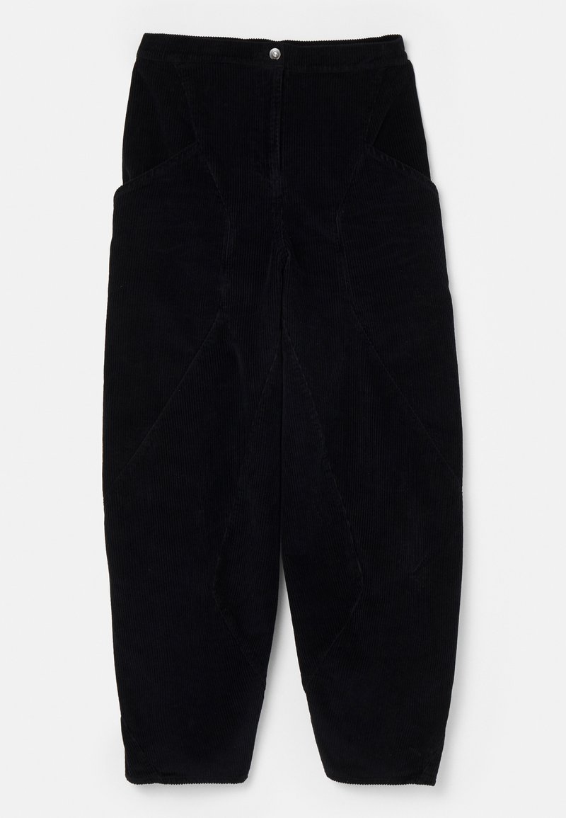 Pantalons en velours côtelé noir avec une conception à jambe large, poches latérales proéminentes, tissu texturé et fermeture à bouton à la taille.