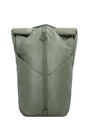 Roll-top backpack in olive green, made of durable nylon. Features a central zipper and panel seam design, with logo displayed on the bottom corner.