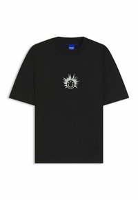 T-shirt en coton noir avec un graphique d'un soleil argenté et d'un visage souriant au centre à l'avant, à manches courtes et à encolure ronde.