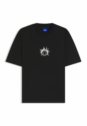 T-shirt di cotone nero con una grafica argentata di un sole e un volto sorridente al centro davanti, maniche corte e scollatura rotonda.