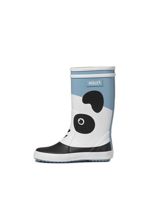 Botte de pluie en caoutchouc pour enfants avec motif visage de panda bleu, blanc et noir et étiquette de marque Aigle sur le dessus.
