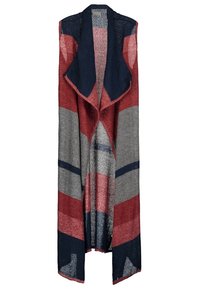 Stickad ärmlös kappa med öppen front och bred krage i röd, grå och marinblå geometriska färgblock.