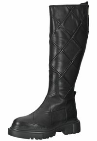 Botas de cuero negras hasta la rodilla con un patrón acolchado, acabado texturizado, suela de goma prominente y cierre lateral con cremallera.