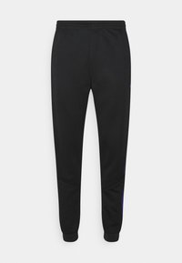 Pantaloni atletici neri slim-fit con vita elastica e orli a coste, progettati per sport o abbigliamento casual.