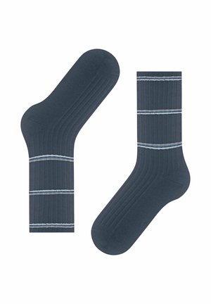 Calze a costine blu scuro con strisce orizzontali blu chiaro e una texture morbida, dotate di un bordo standard e design con tallone rinforzato.