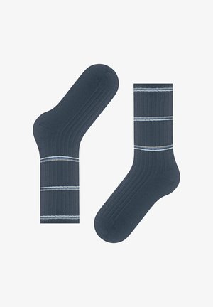 Calze a costine blu scuro con strisce orizzontali blu chiaro e una texture morbida, dotate di un bordo standard e design con tallone rinforzato.