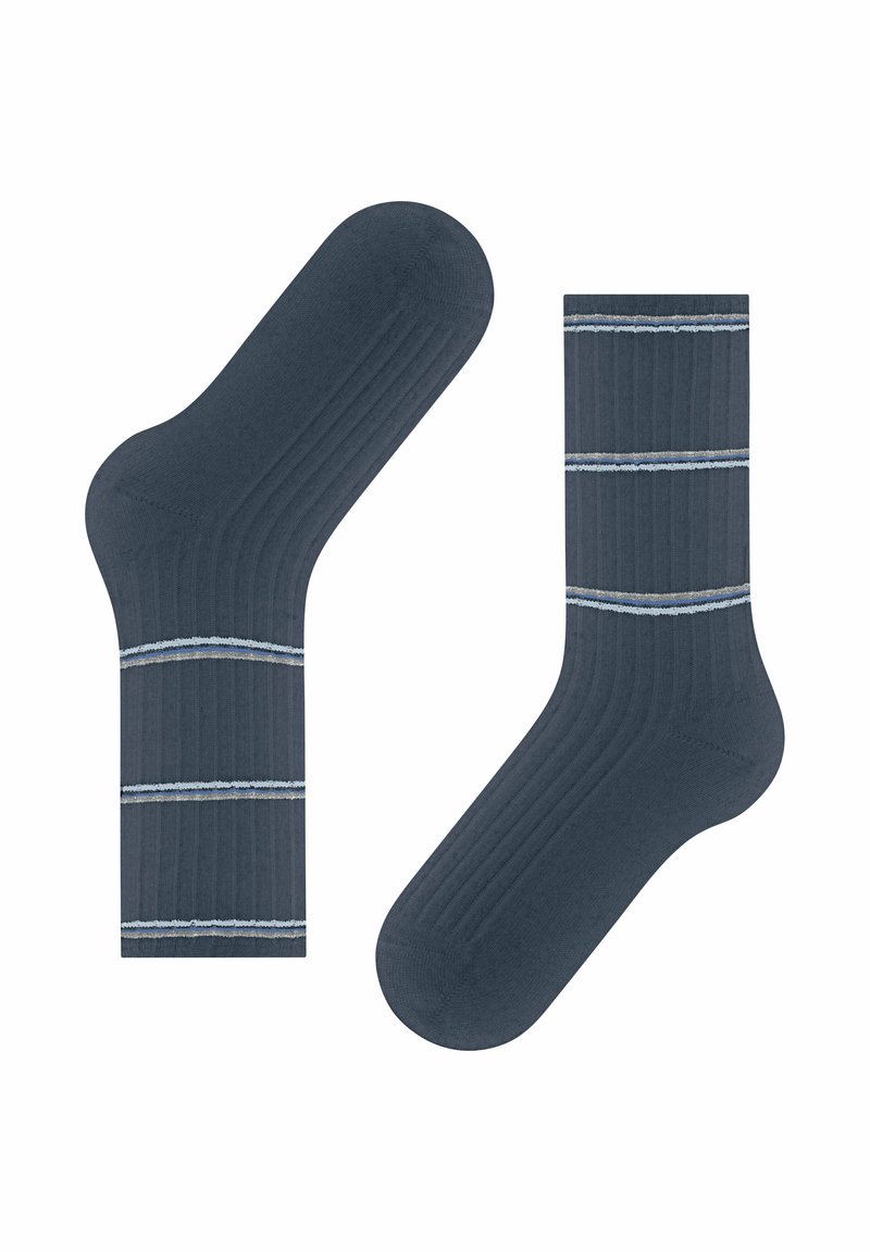 Calze a costine blu scuro con strisce orizzontali blu chiaro e una texture morbida, dotate di un bordo standard e design con tallone rinforzato.