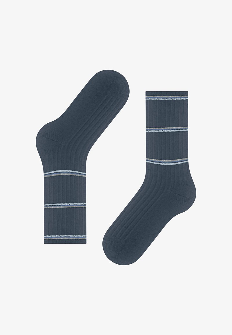 Calze a costine blu scuro con strisce orizzontali blu chiaro e una texture morbida, dotate di un bordo standard e design con tallone rinforzato.