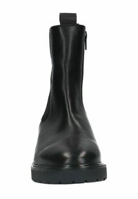 Zwarte leren enkelbooties met een gladde afwerking, een zijrits en een rubberen zool met een gestructureerd profiel voor grip.