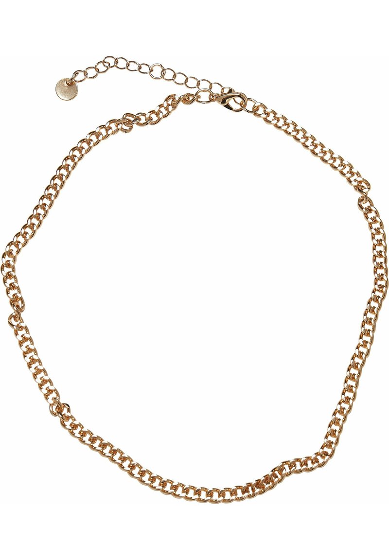 Gold-tone chain necklace featuring a round link design, a lobster clasp closure, and an adjustable length with an extender chain.