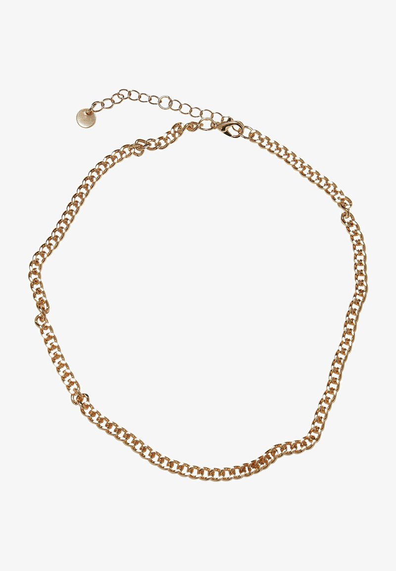 Gold-tone chain necklace featuring a round link design, a lobster clasp closure, and an adjustable length with an extender chain.
