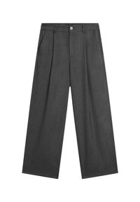 Pantalon gris foncé à jambes larges avec fines rayures verticales, passants de ceinture, bouton à l'avant, fermeture éclair et poches latérales.