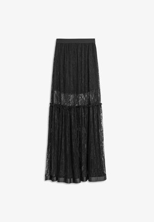 Black lace skirt with a tiered design, featuring a smooth waistband and a sheer texture. The skirt has a mid-length silhouette.