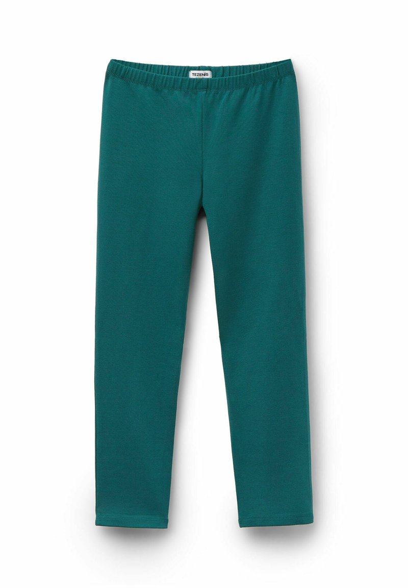 Leggings elasticizzati turchesi realizzati in tessuto morbido, con un cinturino elastico in vita e un taglio dritto, senza motivi o dettagli aggiuntivi.