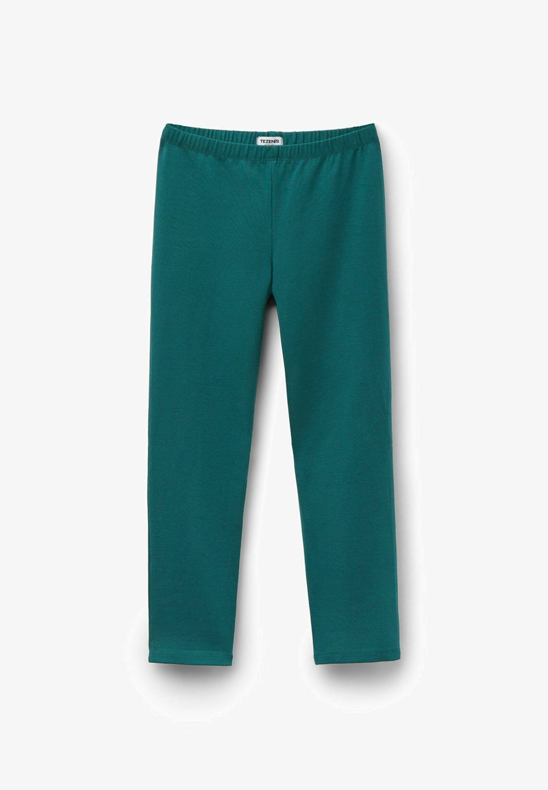 Leggings extensibles turquoise en tissu doux, dotés d'une taille élastique et d'une coupe droite, sans motifs ni détails supplémentaires.