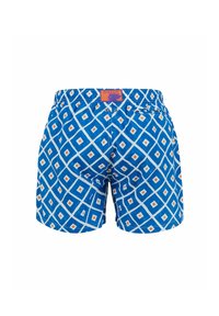 Pantaloni da bagno blu con motivo geometrico a diamante in bianco e arancione, dotati di vita elasticizzata e etichetta Gallo.