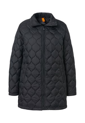 Giacca nera trapuntata con colletto alto e zip frontale. Presenta un motivo a diamante e una texture morbida e imbottita.