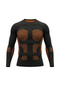 Black long-sleeve activewear top with orange horizontal stripes, featuring textured accents and a fitted design for enhanced mobility.