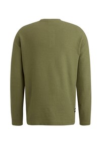 Langarmshirt in olijfgroen, gemaakt van textuurstof, met een ronde hals en een rechte pasvorm met minimale accenten.