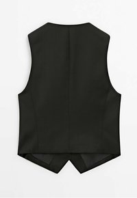 Svart skräddarsydd herrväst med V-formad bakslut, ärmlös och utan krage, liggande plant på en vit bakgrund.