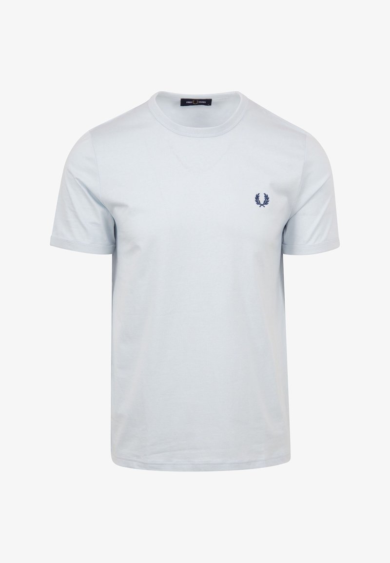 T-shirt in cotone azzurro chiaro con collo a giro, maniche corte e logo ricamato blu navy sul lato sinistro del petto. Design semplice, texture liscia.