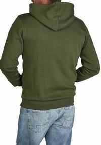 Olive green hoodie with a front kangaroo pocket, ribbed cuffs, and hem. Made of soft fabric with a relaxed fit and drawstring hood.