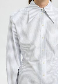Camicia con colletto a punta grande, caratterizzata da righe verticali blu e bianche, maniche lunghe e una trama di cotone liscia.