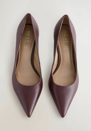 Escarpins en cuir bordeaux à talons hauts avec bouts pointus et texture lisse. Dotés d'un design à découpe basse avec une semelle intérieure beige et un branding doré.