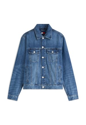 Blue denim jacket with button front, two chest flap pockets, side pockets, and a classic collar, laid flat on white background.