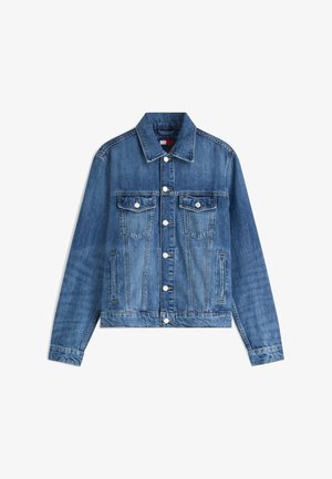 Blue denim jacket with button front, two chest flap pockets, side pockets, and a classic collar, laid flat on white background.