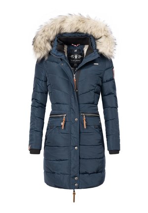 Navy blue puffer coat with a fur-trimmed hood, zippered front, two side pockets, and textured stitching for insulation and style accents.